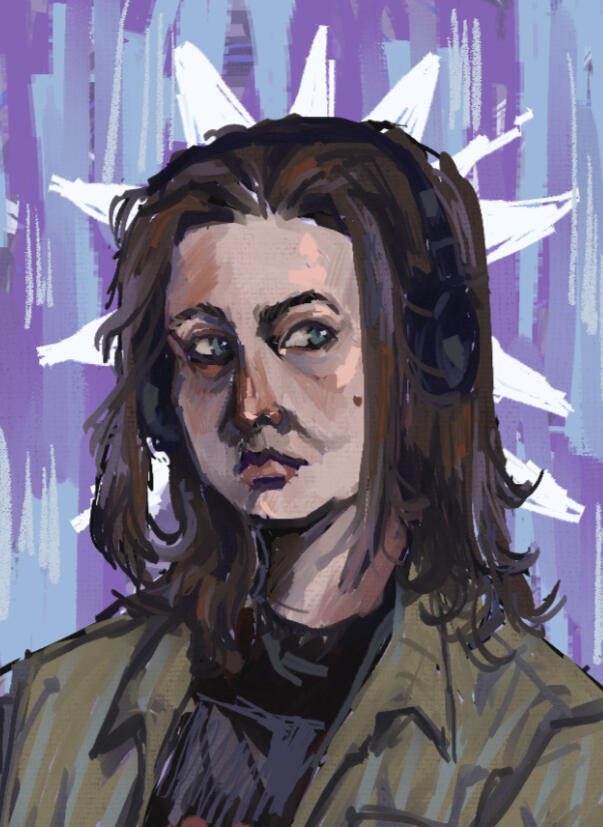 digital portrait of star. the style is messy and brush strokes are visible. star is a pale person with brown hair, wearing a black t-shirt and a muted green flannel. the background is blue and purple brushstrokes with a spiky, white halo around the head.